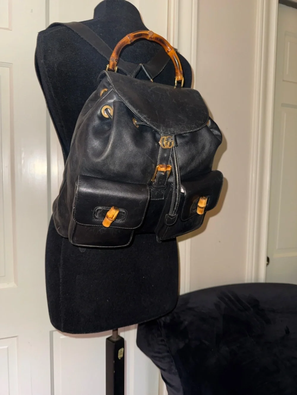 Gucci Vintage Bamboo Backpack Black Leather  Bag - Picture 3 of 10